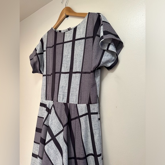 Vintage Studio 36 Women’s Black Gray Plaid patchwork A-Line Midi Dress Size 10 - Picture 3 of 13